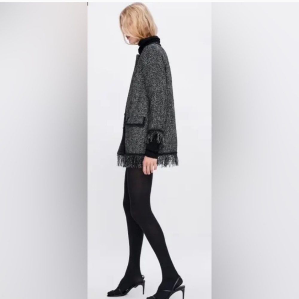 ZARA WOMEN BLACK TWEED JACKET WITH METALLIC THREAD SIZE XS - Picture 6 of 9
